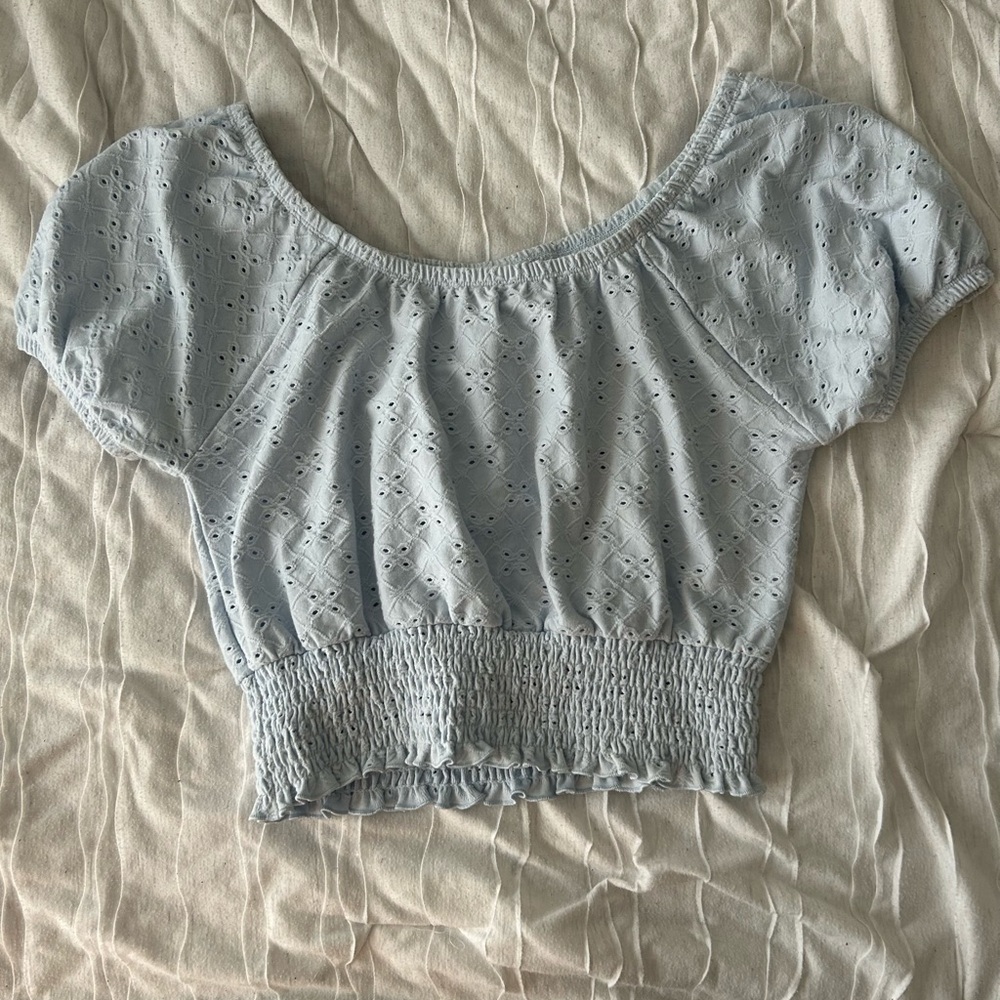 SO Blue Puff Sleeve Smocked Crop Blouse